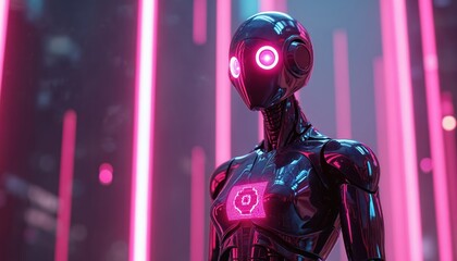 Naklejka premium Shiny chrome robot with pink glowing eyes stands in neon city at night. Futuristic android figure with circuit design on chest. Advanced AI concept.