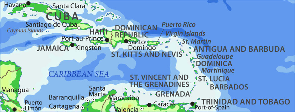Vector geographical world map. Fragment of american continent with 
cuba, haiti, caribbean sea, dominican republic,
puerto rico, jamaica, grenada, havana, barbados, santo domingo, trinidad and tobago.
