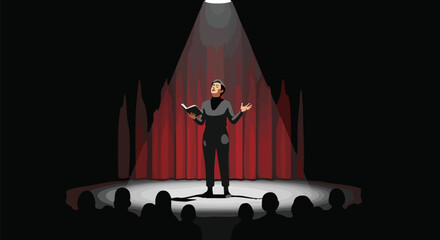A performer stands center stage under a spotlight, reading from a book before an audience