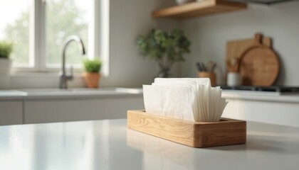 Wooden napkin holder filled with white paper napkins on bright kitchen counter. The modern minimal design shows the tissue box in a simple and clean style. Lifestyle photo in domestic interior