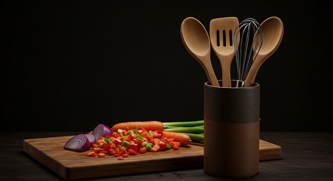 Wooden Kitchen Utensils Ceramic Holder Chopped Vegetables