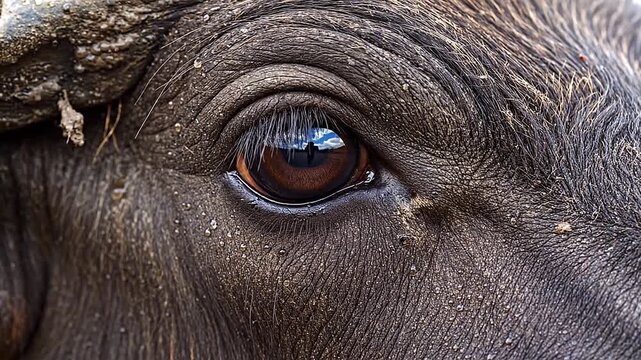 Reflecting the sky, a water buffalo's eye is serene and calm.