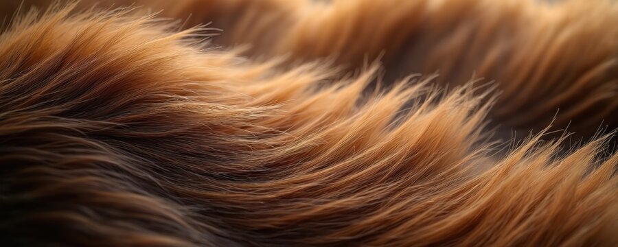 Close up of rich brown sable fur texture with fine soft strands and golden hues. Luxury animal coat detail with natural warmth and silky smooth appearance.