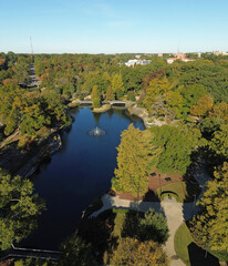 Fall foliage at Pullen Park in Raleigh with NC State University in the distance