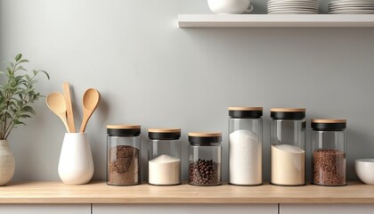 Modern kitchen counter glass storage jars filled with various ingredients. Sugar, coffee, cereals in containers. Wooden spoons stand in white vase beside green plant. Clean organized home looks chic.