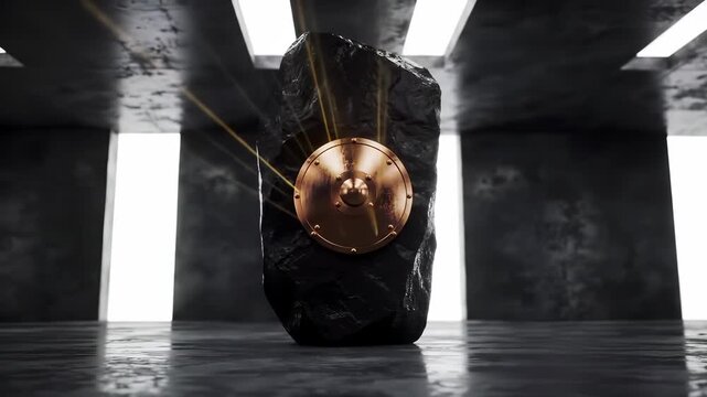 Brand Archetype Reveal: Golden rays unveil a powerful metallic emblem on a dark monolithic stone, symbolizing core identity in a modern abstract space.