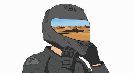Motorcyclist in a helmet with a desert landscape reflected in the visor, preparing for adventure. Concept of travel and exploration, isolation