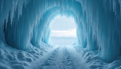 Frozen ice cave with many sharp icicles inside. Bright snowy path leads through deep blue glacial tunnel towards distant horizon. Cold winter landscape view of icy mountains, large frozen lake under