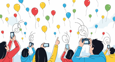 People joyfully release colorful balloons into the sky while capturing the moment with phones and cameras