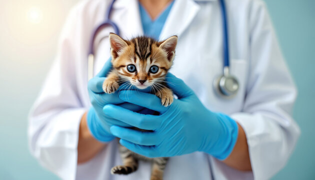 Vet wears blue gloves and white coat holding small striped kitten. Caring vet examines tiny cat with blue eyes for health checkup and wellness. Pro pet care and animal welfare concept. - Powered by Adobe