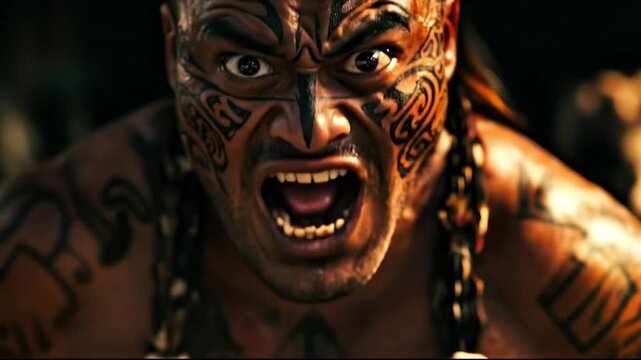 Maori Warrior Performing Traditional Haka Dance with Intense Facial Expression and Ta Moko Tattoos, Powerful Cultural Performance