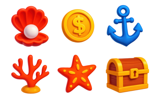 3D Underwater Treasure Icons. 3D icon set of underwater treasures: pearl shell, golden coin, anchor, coral branch, starfish,