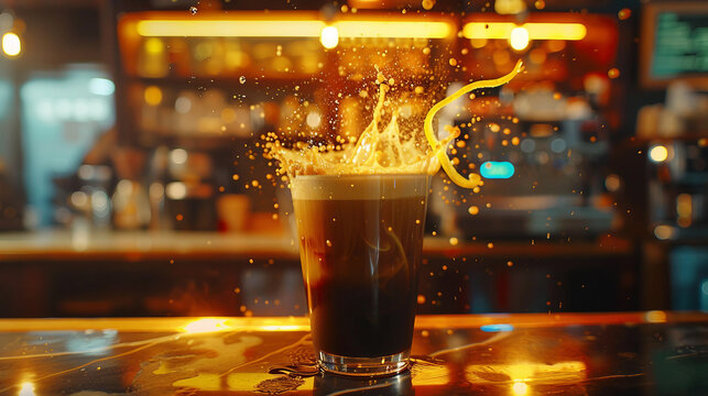 A cold drink splashing in a glass, highlighting motion and energy. The background reveals a vibrant bar setting, perfect for food and beverage themes.