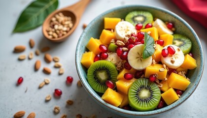 Colorful bowl of exotic fruit salad featuring kiwi banana mango and pomegranate seeds. Topped with granola and nuts this healthy meal is perfect for breakfast or a light snack.