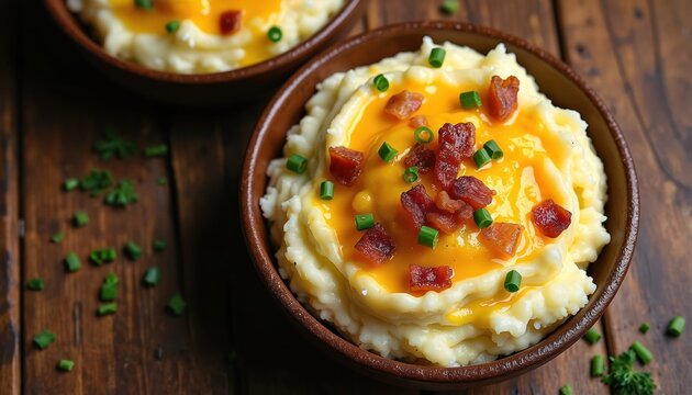 Fluffy mashed potatoes in rustic bowl. Melted cheese, crispy bacon bits, fresh green chives top the creamy side dish. Dinner is ready on dark wood table. Delicious home cooked comfort food. - Powered by Adobe