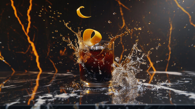 Dynamic splash of coffee with citrus zest against dark background, symbolizing energy, freshness, and creativity in food and beverage concept photography.