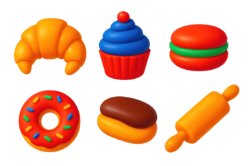 Bright Bakery Icons. 3D icon set of bakery sweets: croissant, cupcake, frosted donut, macaron, eclair, rolling pin. A set of