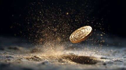 Ancient gold coin spinning in air surrounded by golden dust fragments
