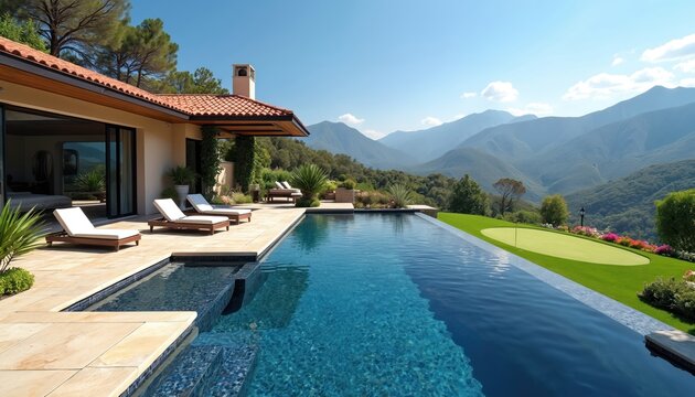 Luxury mountain home with infinity pool, patio, garden. Relaxing vacation at villa with amazing views. Swimming pool at real estate property on sunny day. Summer holiday at modern hotel in paradise.