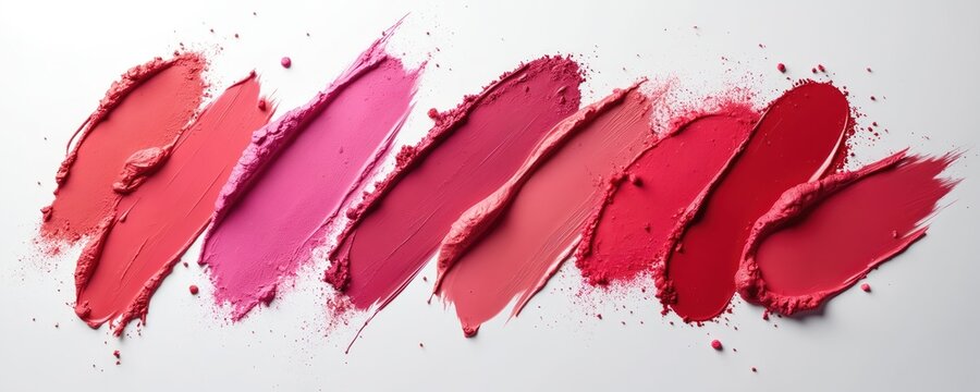 Various lipstick swatches in shades of pink and red are smeared across a white surface. Some appear matte and powdery, others glossy. This shows texture and color options for makeup.