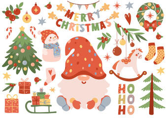 A cute Christmas clipart set featuring a gnome, decorated Christmas tree, gifts, wreath, ornaments and holiday elements. Perfect for greeting cards, invitations, posters, and festive designs