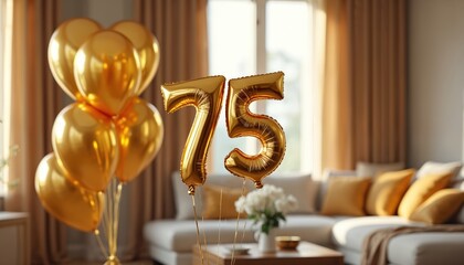 Gold number 75 balloons float indoors near a sofa. Festive golden balloons signify a birthday or anniversary celebration at home, creating a joyful atmosphere. Decorations suggest a happy event.