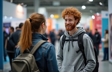 Young man with curly red hair smiles talking to woman at career fair. Students with backpacks network, seek job opportunity. People interact at indoor business event, looking for future prospects.