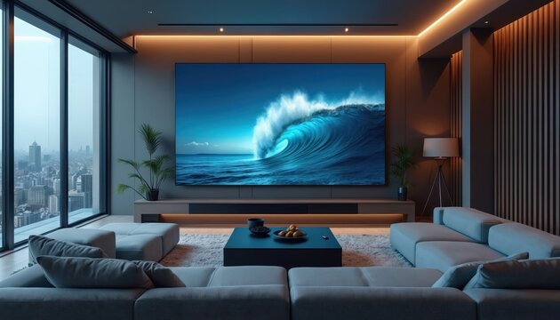Modern apartment living room features huge flat screen TV displaying ocean wave. Large windows overlook city skyline. Comfortable sofas invite relaxation in this luxury home theater.