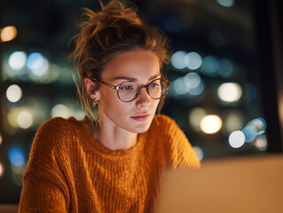 Focused woman in glasses working late on laptop with city lights bokeh