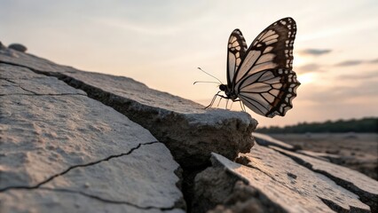 A delicate butterfly with patterned wings emerges from a large crack in the dry earth at sunset