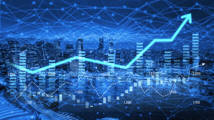 A digital representation of growth featuring a line graph against a city skyline. The image showcases financial data and technology connections in a modern financial context. Scalp