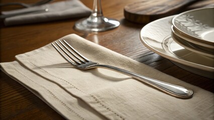An elegant silver fork resting on a folded cloth napkin at a formal dining table setting