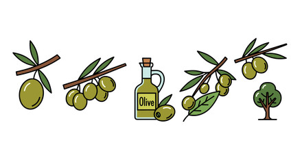 A collection of stylized, flat design icons representing olives and olive oil, featuring olive branches with green olives, a bottle of olive oil labeled 'Olive', and a small olive tree, all set