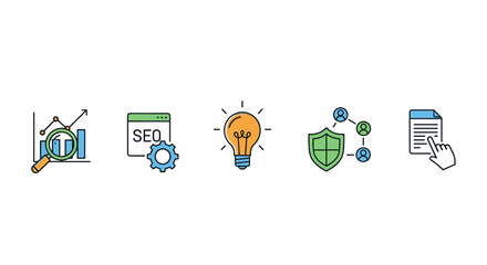 Set of five flat icons representing business concepts: data analysis with magnifying glass and charts, SEO optimization with gear and browser window, bright idea represented by a lightbulb, network