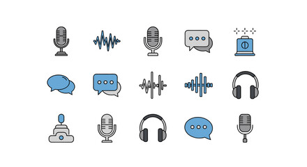 Collection of flat design icons representing audio recording, podcasting, and communication, featuring microphones, sound waves, headphones, and speech bubbles in a modern, minimalist style with a