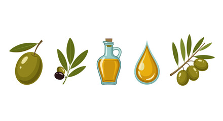 A vibrant collection of olive-themed icons, showcasing whole olives, olive branches with leaves and fruit, a glass bottle filled with golden olive oil, and a single drop of pure olive oil, all set