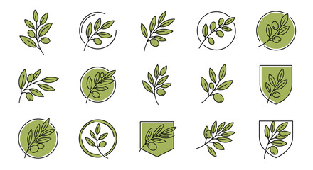 Collection of stylized olive branch icons and emblems, featuring simple line art with green fill, presented on a black background, perfect for branding, food packaging, and organic product design