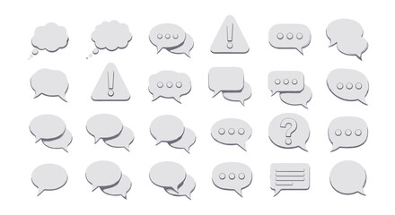 Collection of 3D white speech bubbles and thought clouds with various icons like ellipses, question mark, and exclamation mark, isolated on a black background, representing communication, ideas, and