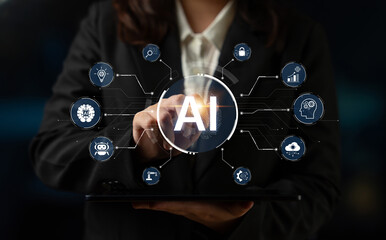 A concept of a multifunctional AI platform. This central intelligence hub powers various business operations, including automation, security, data analysis, and innovation. Fermion