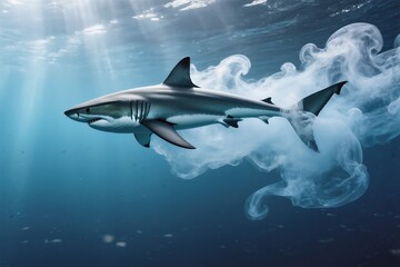 Fototapeta premium A stunning shark gliding effortlessly and gracefully through the vibrant blue depths of the vast ocean
