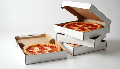 Two pepperoni pizzas sit in opened cardboard boxes. A stack of three white pizza boxes rests nearby. This scene is set against a clean white background.