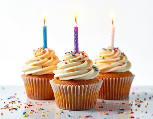 Three delicious cupcakes with white frosting and colorful sprinkles stand on a bright white table. Each dessert has a lit candle perfect for a happy birthday party or sweet celebration event.
