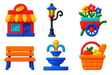 3D Village Icons. 3D icon set of village life: bakery shop, street lamp, flower cart, bench, town fountain, market basket. A set
