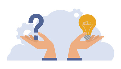 Question and answer hands holding question mark and lightbulb.