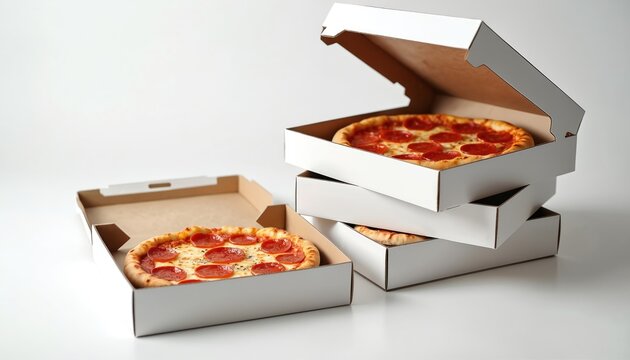 Two pepperoni pizzas sit in opened cardboard boxes. A stack of three white pizza boxes rests nearby. This scene is set against a clean white background.