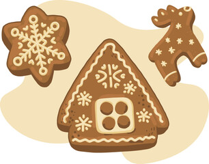 Gingerbread Christmas cookies decorated icing. Cookies for Christmas, New Year, winter holidays. Gingerbread cookies Isolated on white background. Hand-drawn cartoon vector illustration.