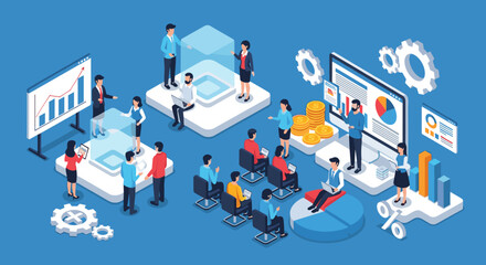 Dynamic team collaborates on modern business strategy presentation with data visualization