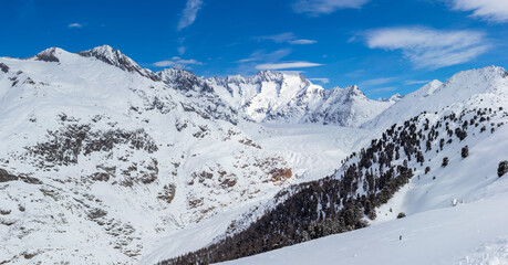 Panoramic view of snow covered aletsch glacier and surrounding swiss alpine mountains
