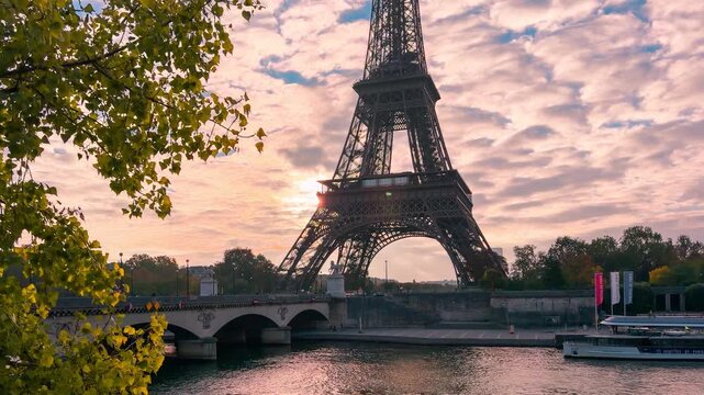 View of the Eiffel Tower at sunrise. Paris, France, October 14, 2025. High quality 4k footage