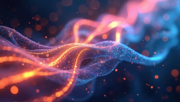 Abstract digital wave pattern glows with vibrant blue, orange particles. Modern tech illustration represents neural network, data flow, bio energy. Complex connection, innovation shown for science,
